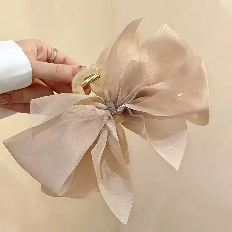 Mode Mesh Tüll Große Schleife Greif Clip Elegante Retro Weibliche Net Garn Pferdeschwanz Geflecht Klaue Clip Haar Zubehör Geschenk Kopfschmuck – Detail 9