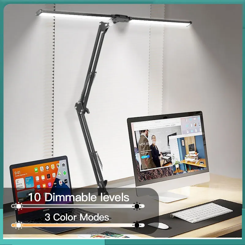 

LED Desk Lamp Dimmable Reading FoldingTable Lamp Clip On Monitor light USB Double Head Table Lamp of Office Study Working Light