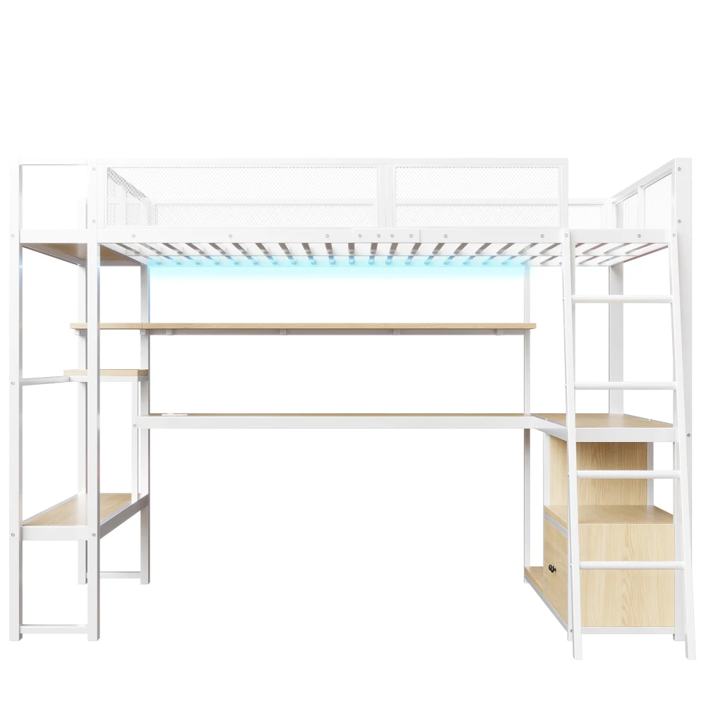 Metall-Gaming-Hochbett mit Integriertem Arbeitsplatz Kinderbett mit LED-Beleuchtung und Viel Stauraum Zweistöckiges Bett 140x200cm – Detail 8