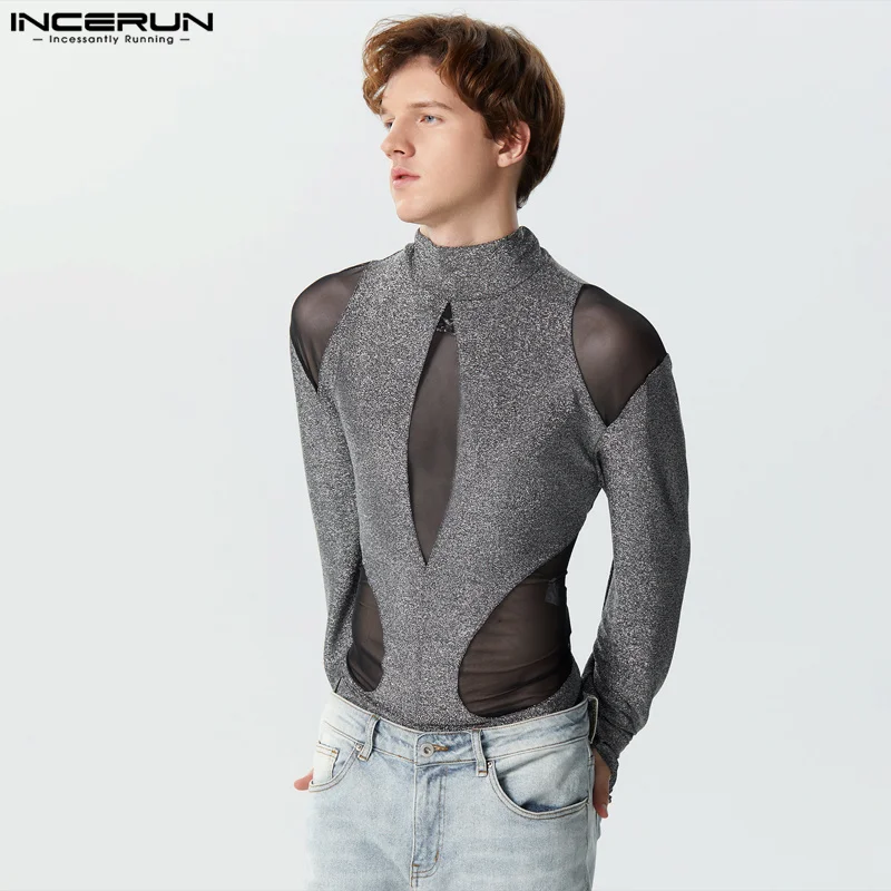 2024 Men Bodysuits Mesh Patchwork Shiny Turtleneck Long Sleeve Rompers Men Transparent Streetwear Fashion Bodysuit S-3XL INCERUN