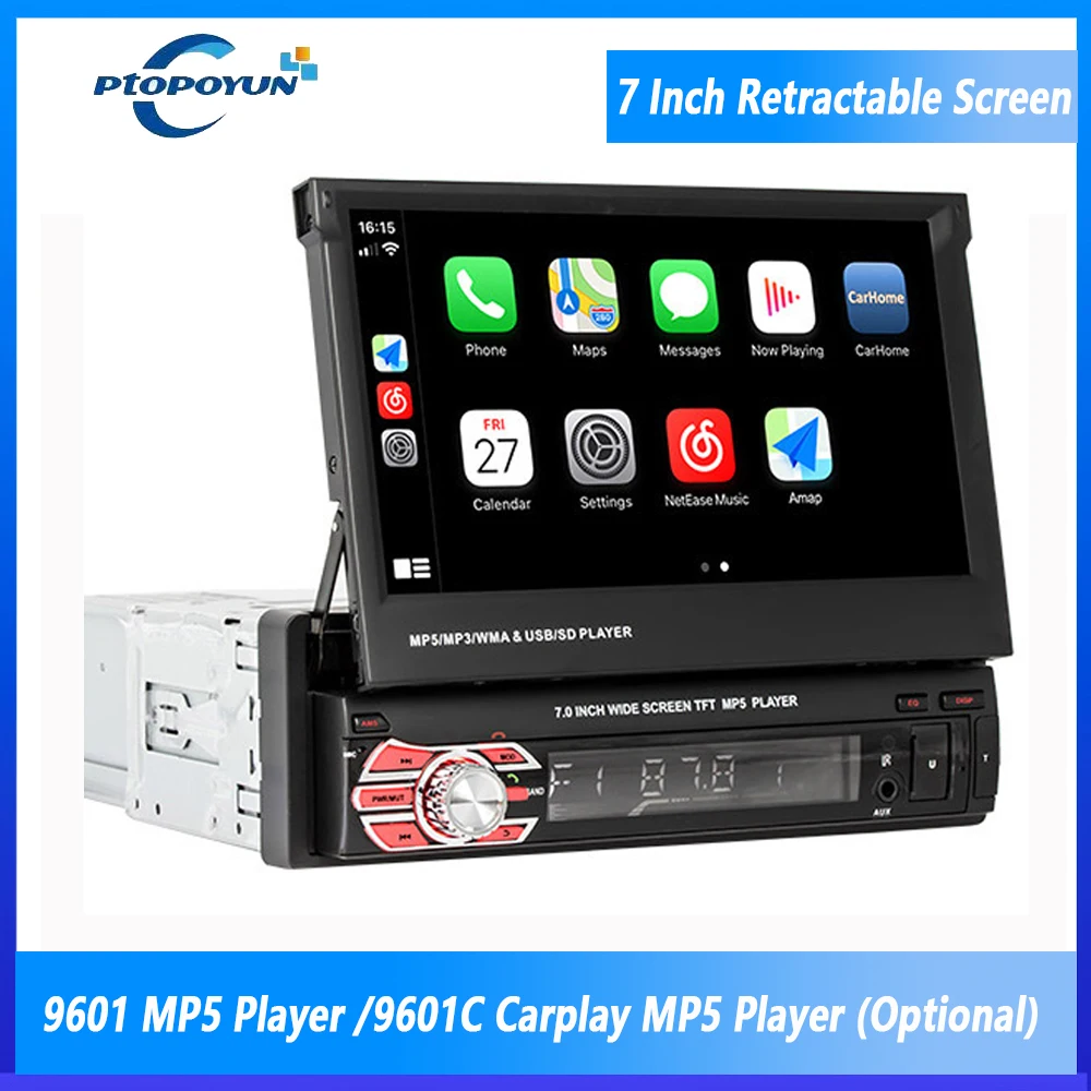 PtopoyunUniversal1DinCarRadio7InchRetractableScreenCarplay