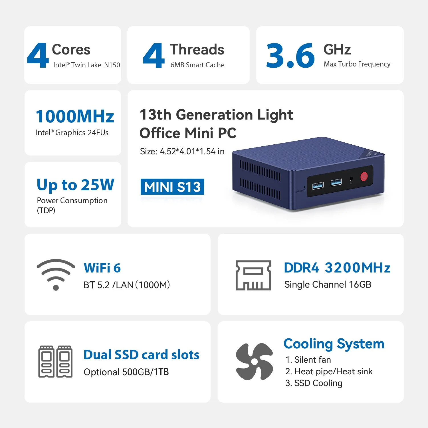 Beelink MINI S13 Mini PC Intel Twin Lake N150 16GB DDR4 500GB SSD Wifi6 1000M LAN Desktop Mini Computer VS Mini S12 Pro MINI S 3