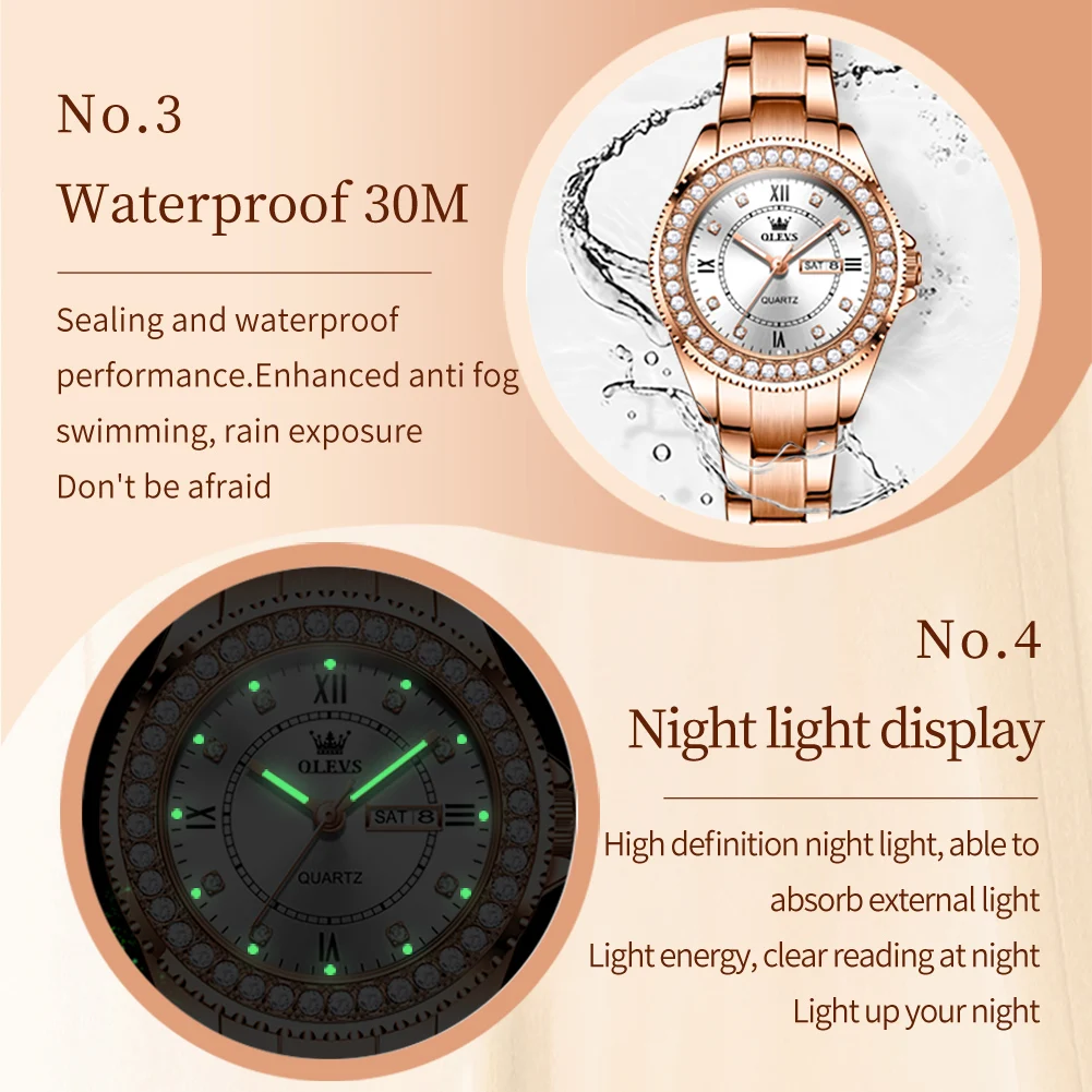 OLEVS Brand Luxury Rose Gold Quartz Watch for Women Stainless Steel Waterproof Week Date Fashion Womens Watches Relogio Feminino