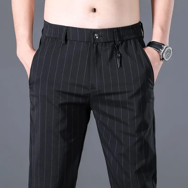

Spring Summer Men Thin Striped Business Suits Pants Streetwear Fashion Male Clothes Elastic Loose Casual Straight Trousers 28-38