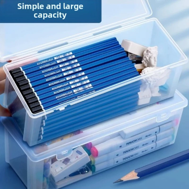 2Pcs Transparent Dustproof Waterproof PP Plastic Pencil Organizer Portable Stationery Storage Box for Students & Office Workers