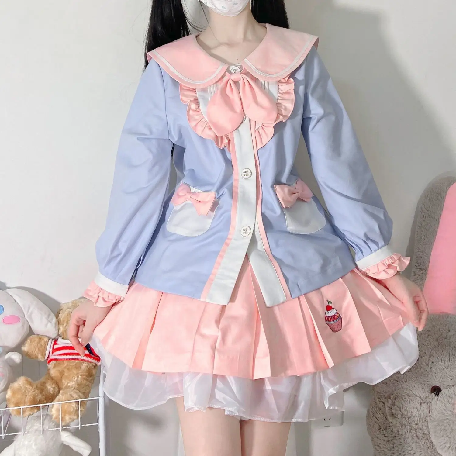 Japan JK Chic 2 Piece Sets Women Clothing Sailor Collar Embroidery Shirt A-line Pleated Mini Shirt Outfits Sweet Y2k Suit