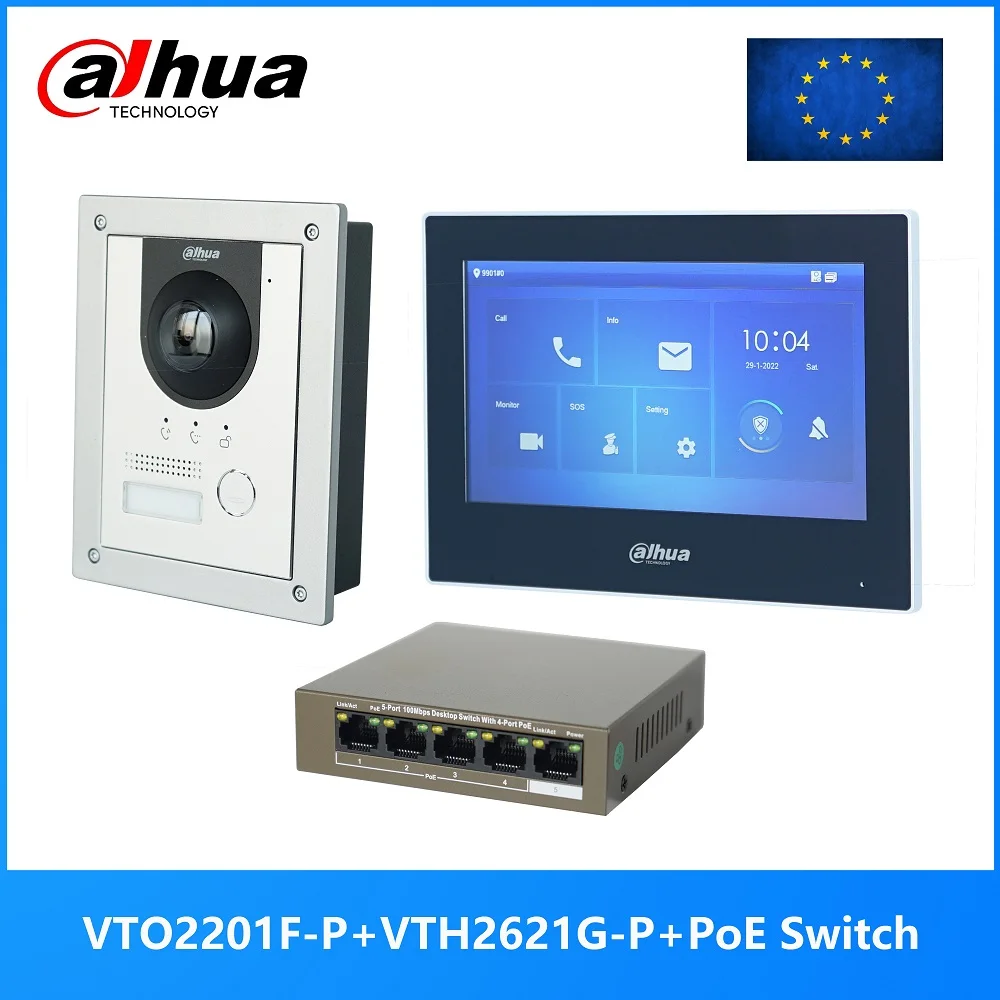 

Dahua Multi-Language IP Video Intercom KIT,VTO2201F-P & VTH2621GW-P / VTH2621G-P & PoE switch,support SIP, replace VTO2202F-P-S2