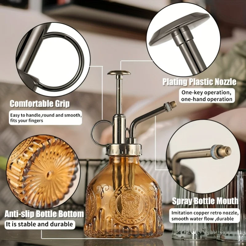 1pc Glass Watering Spray Bottle, Vintage Bronze Plastic Top Pump Watering Can Glass Spary Bottle Plant Mister, For House Plants, 3