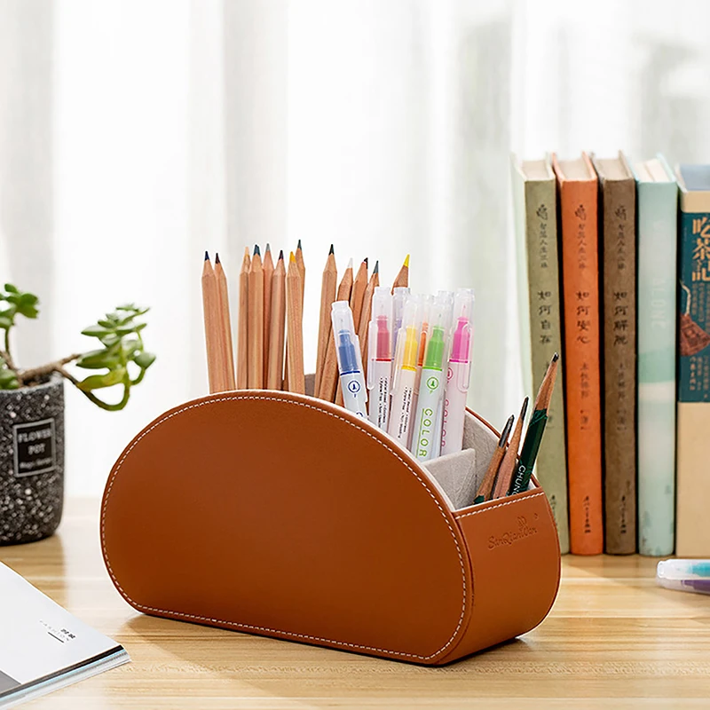 

Desktop Leather Organizer Remote Control Phone Holder Desk Storage Box Cosmetics Brush Storage Holder Organizer