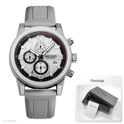 Men's Military Sport Watch - Black Silicone Strap, Waterproof, Luminous Quartz, Auto Date Chronograph (Gray White - Box)