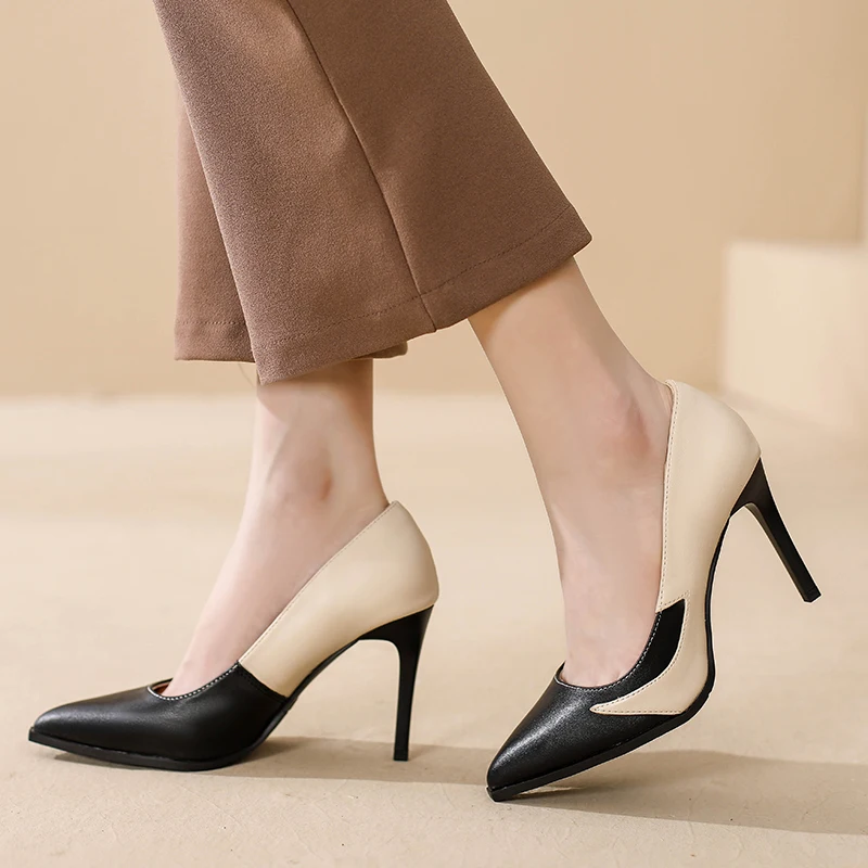 

ZOOKERLIN Pointed Mixed Color PU Leather Women's Pumps Stiletto Heels Slip on Office Work Shoes Ladies Shoes Elegant Dress Shoes