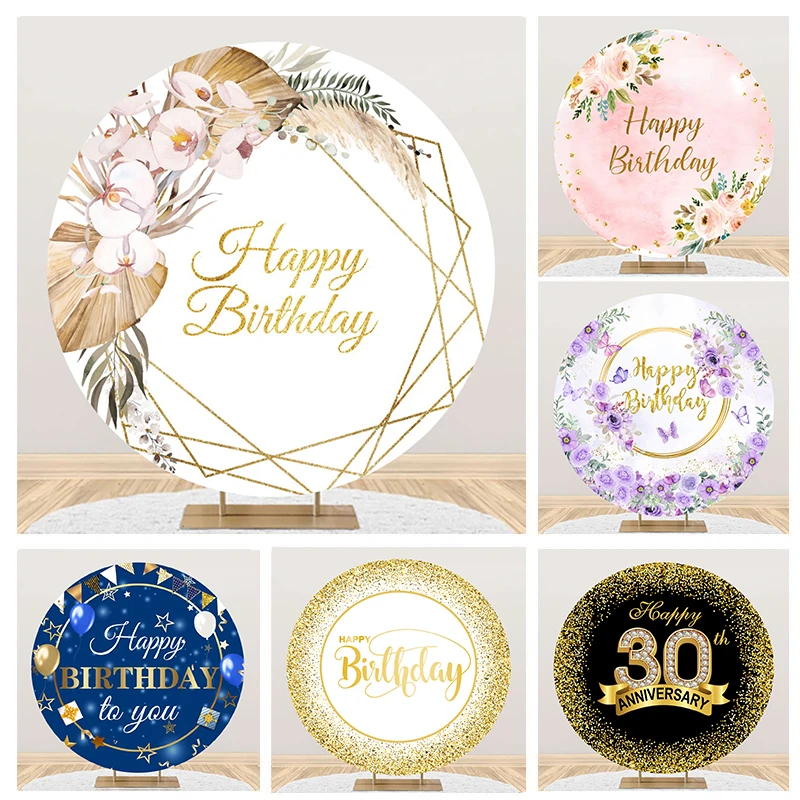 

Laeacco Happy Birthday Round Backdrop Cover Golden Line Texture Watercolor Flowers Adult Kids Portrait Photography Background
