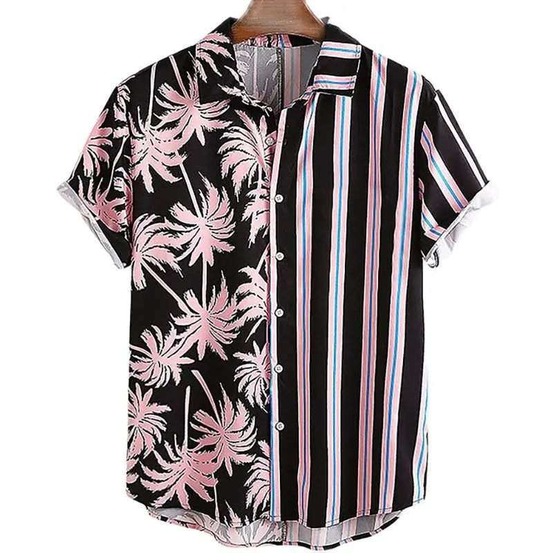 Men's Hawaiian Shirts Striped Floral Print Button-Up Casual Summer Beach Travel Oversized Unisex Clothing 2