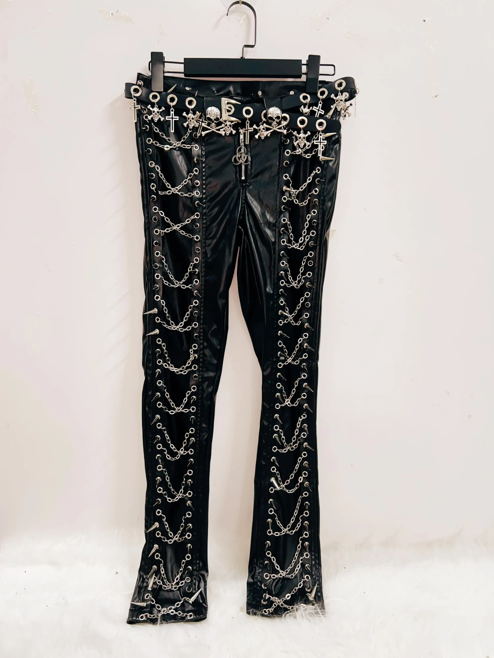 Metal Chain Faux Leather Trousers 2