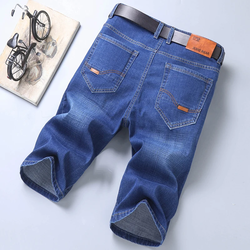 2023 blue soft denim shorts men's summer elastic lightweight denim knee length shorts sports casual straight pants
