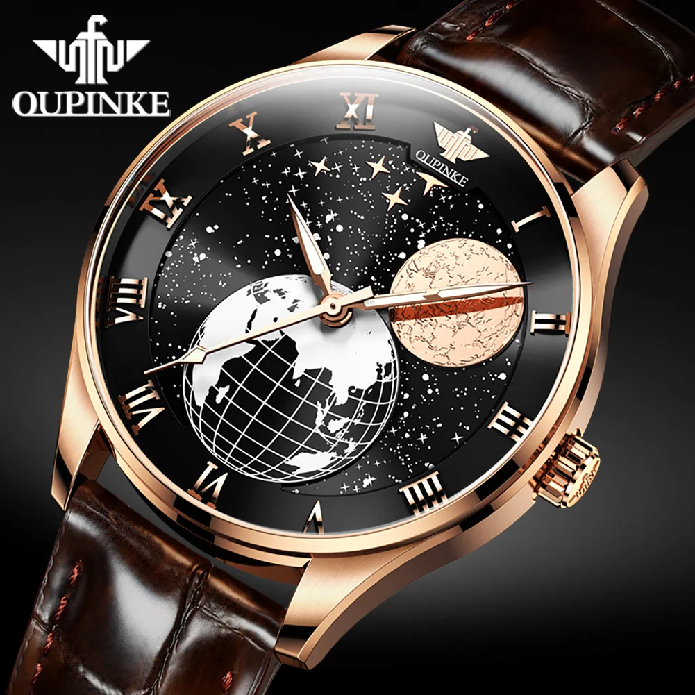 

OUPINKE Luxury Watch Men Mechanical Wristwatches Starry Sky Moon Phase Sapphire Crystal Leather Waterproof Business Watch Men