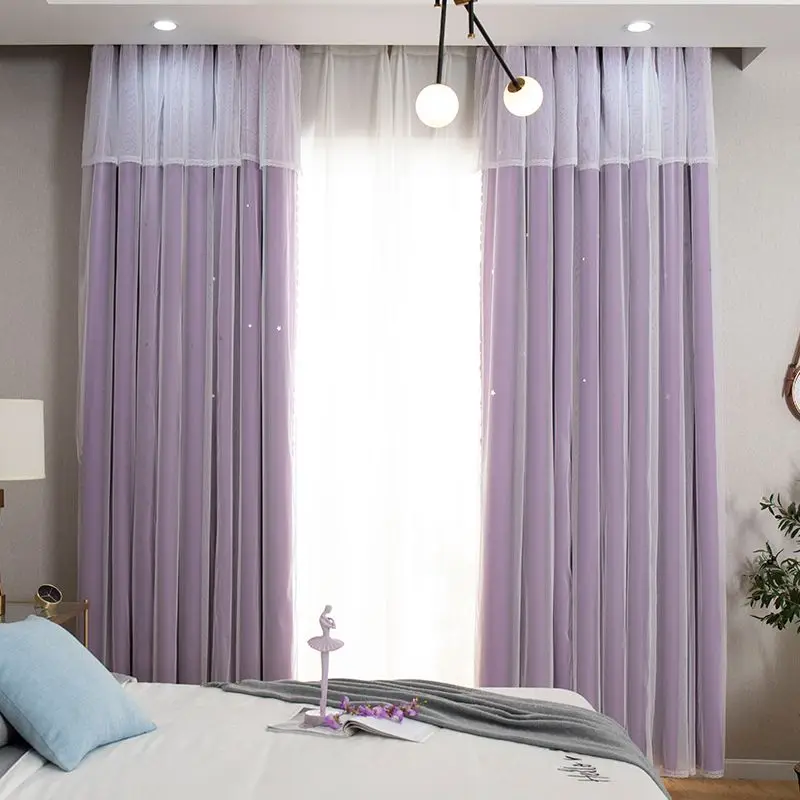 Hollow Out Star Princess Style Pink Double Layer Curtain Blackout Curtain for Living Room Bedroom 6