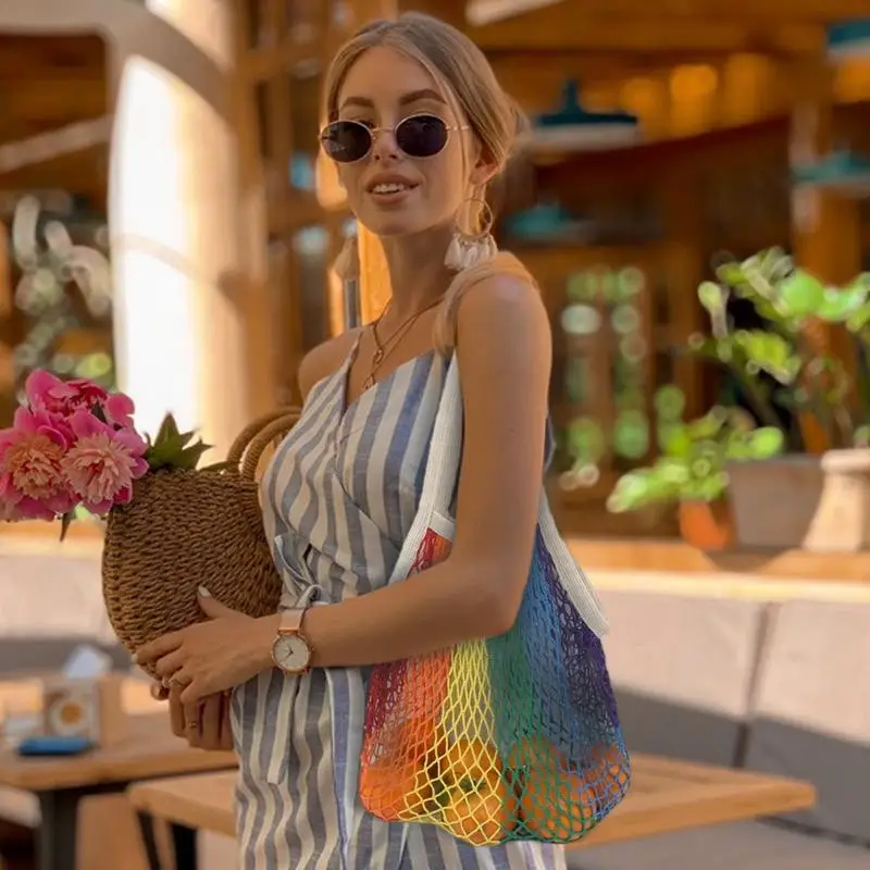 

Cotton Mesh Bag Grocery Handbag Vegetable Bags Reusable Produce Bags Elasticity Colorful Design Shopping Bag For Fruit Toy Books