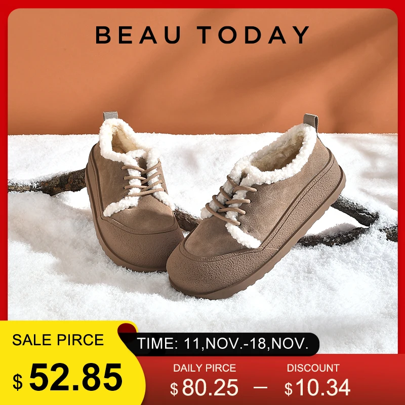 Women Shoes Women Flats Casual Shoes BEAUTODAY Winter Flats Women Cow Suede Patchwork Round Toe Warm Short Plush Cross-Tied Decor ladies Flat Shoes Handmade 22810