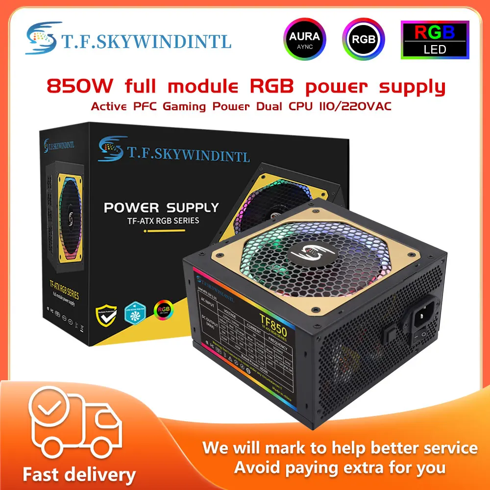 

850W PC PSU Power Supply Gaming Quiet 120mm RGB Fan With RGB control switch ATX Desktop Computer Power Supply