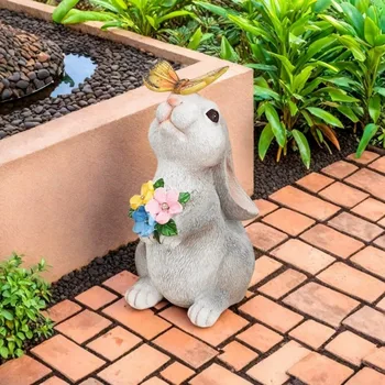Solar-Powered Rabbit Statue with Butterfly Lights Garden Decor 5
