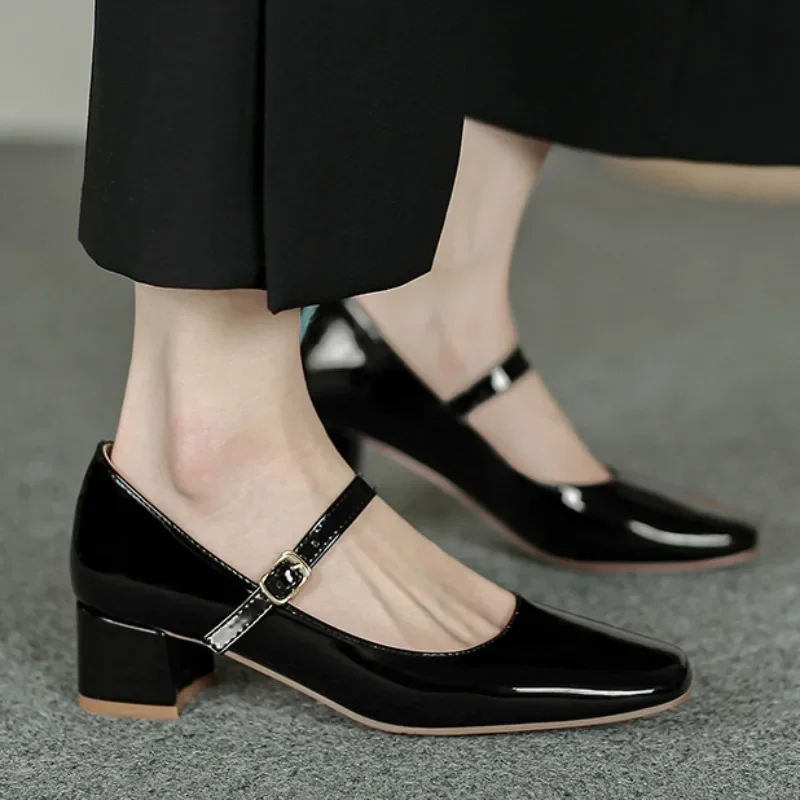 

Women's Shoes 2024 Hot Sale One-word Buckle Women's Pumps Autumn Square Toe Solid Mary Jane Chunky Heels Shallow Mouth Pumps