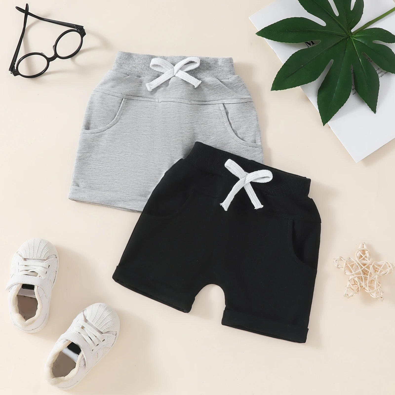 Kids Toddler Boy 2 Pack Shorts Set Casual Solid Loose Drawstring Shorts with Pockets Boys Sweatpants Athletic Sport Pants