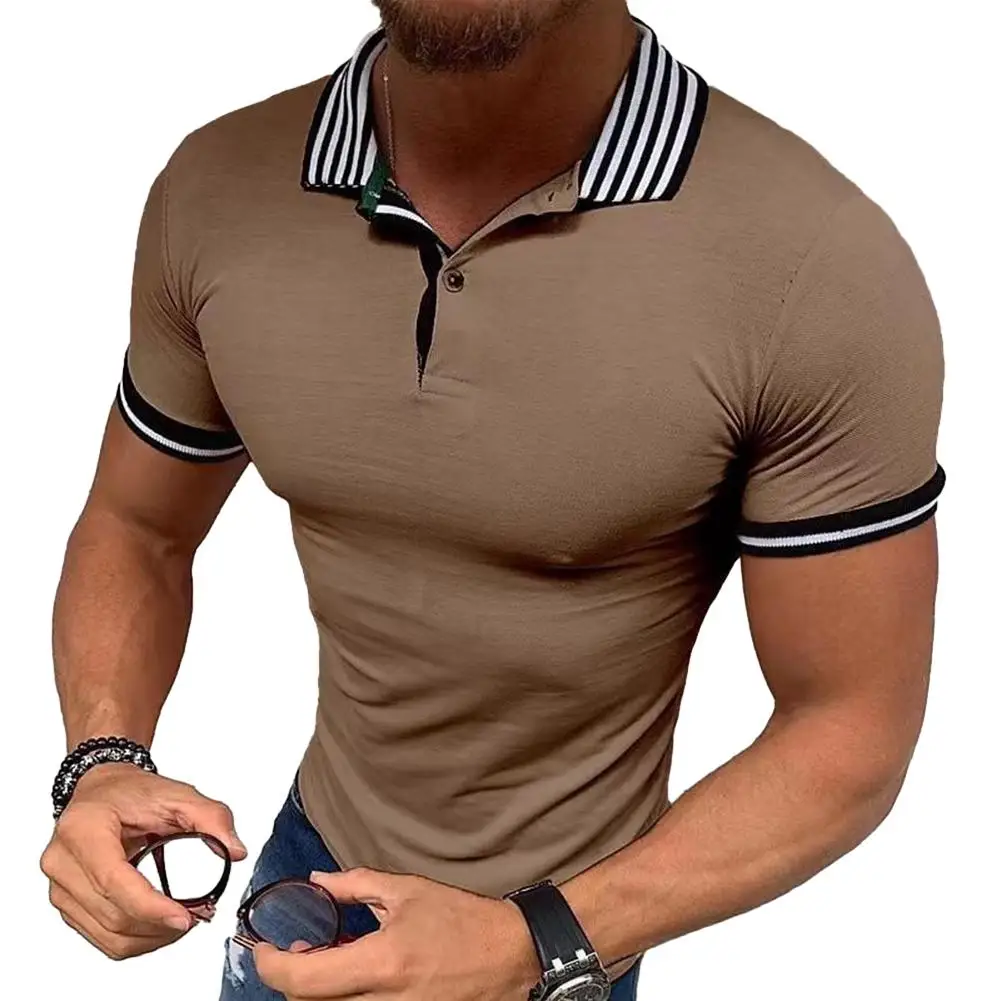 

Men T Shirt T Shirt Lapel Men Regular Short Sleeve Stripwd T Shirt Tee Top Button Affordable Brand New Fashion