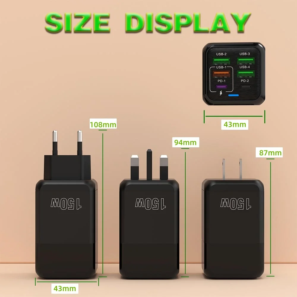 150W 6-Port Dual PD Quick Charge3.0 USB C Fast Charger Wall Adapter High Speed Charging For iPhone Samsung Xiaomi Huawei OnePlus