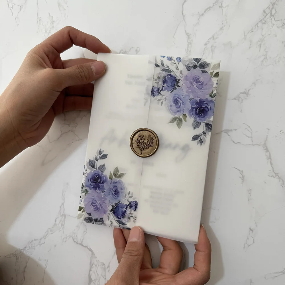 Purple flower Vellum Wrap 5 x 7 Wedding Invitation wedding invitations flower vellum wrap