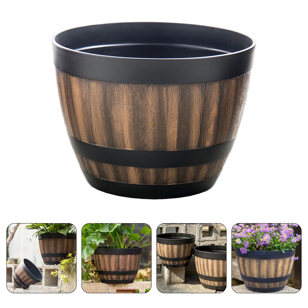 

Imitation Wooden Flower Pot Large Capacity Retro Plastic Planter Barrel Bonsai Bucket Garden Yard Decoration
