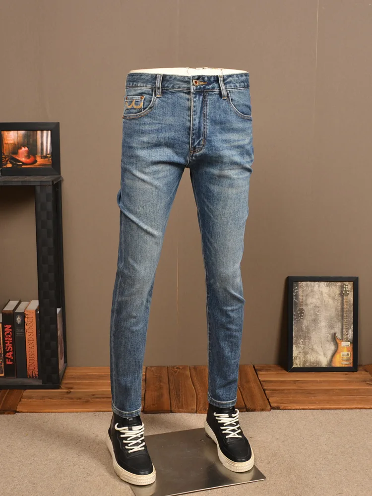 

High-End Jeans Men's Classic Simple Slim Fit Skinny Stretch Retro Embroidered Fashion Wash Blue Trousers