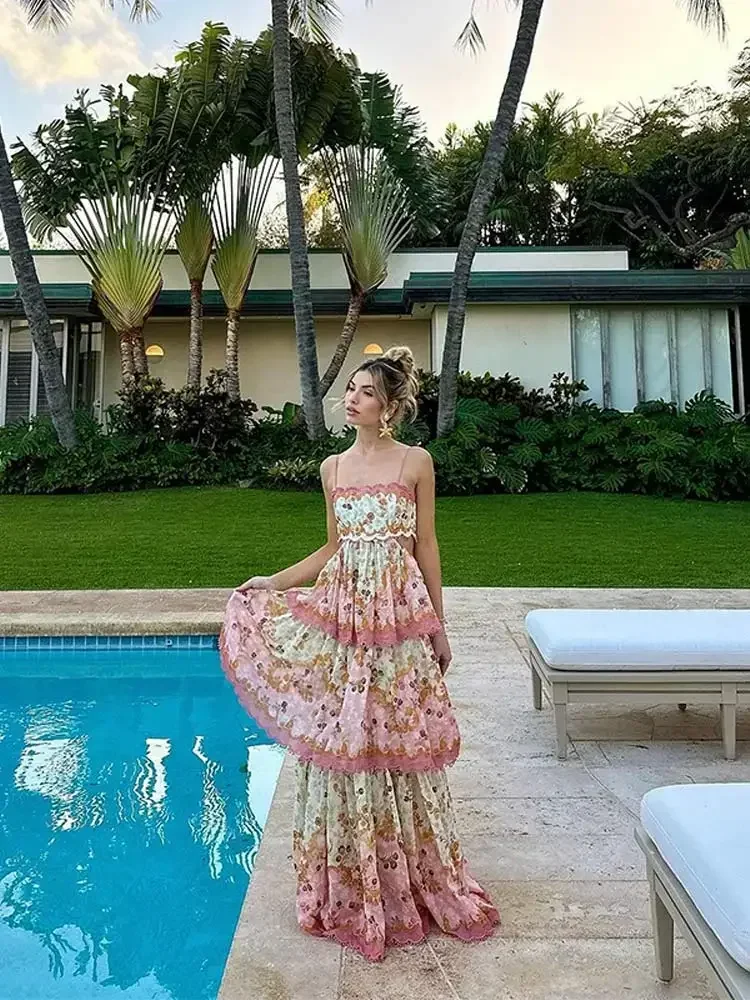 Elegant Ruffles Layer Printed Cake Maxi Dresses for Women 2024 Summer Vacation Backless Print Dress Ladies Streetwear 6