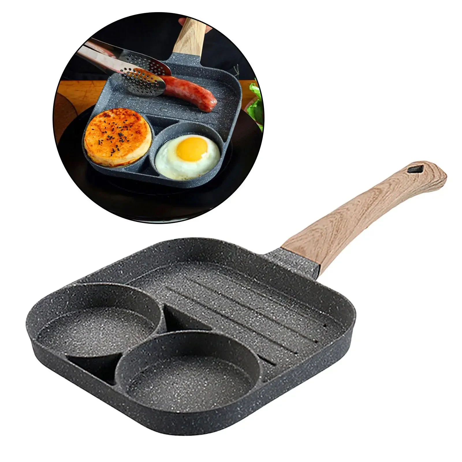 Egg Frying Pan Non Stick 3-Cup Burger Steak Pancake Sausage Omelet Breakfast Cooker Pan with Long Handle Cooking Tool
