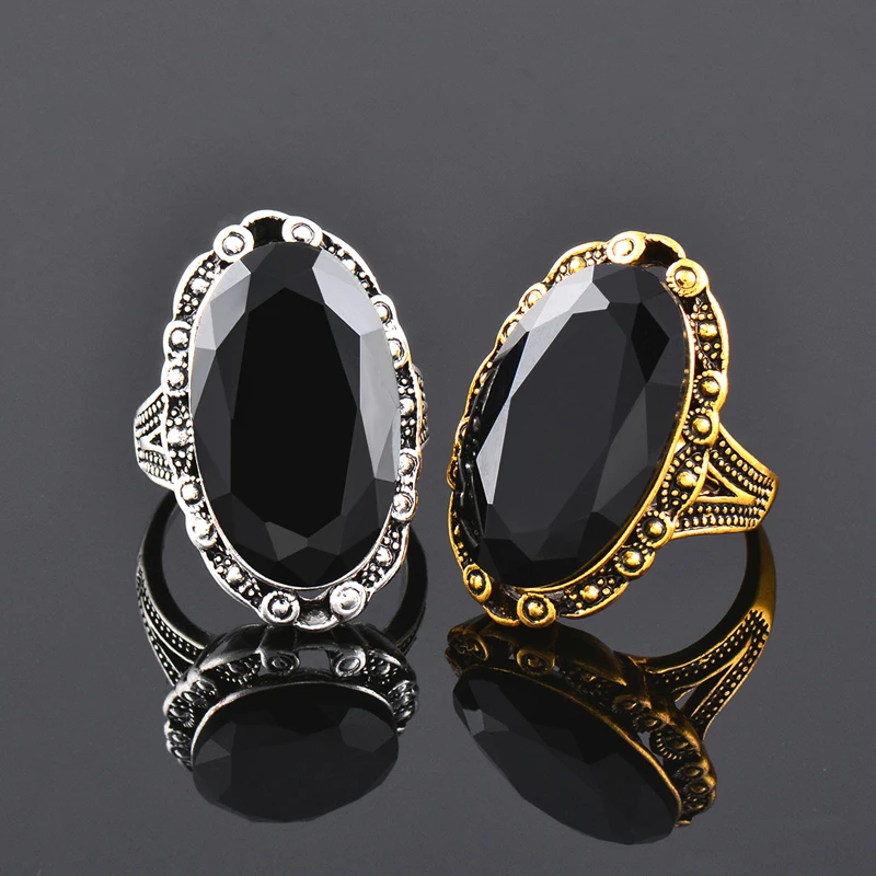 Vintage Big Black Oval Stone Finger Ring For Women Size 6 7 8 9 10 Antique Silver Color Jewelry