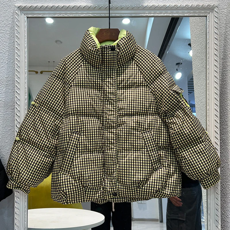 Korean Fashion Winter Short Lattice Jacket Women Bread Loose Stand Collar Female Down Parkas 90% White Duck Down Coats 2022 New