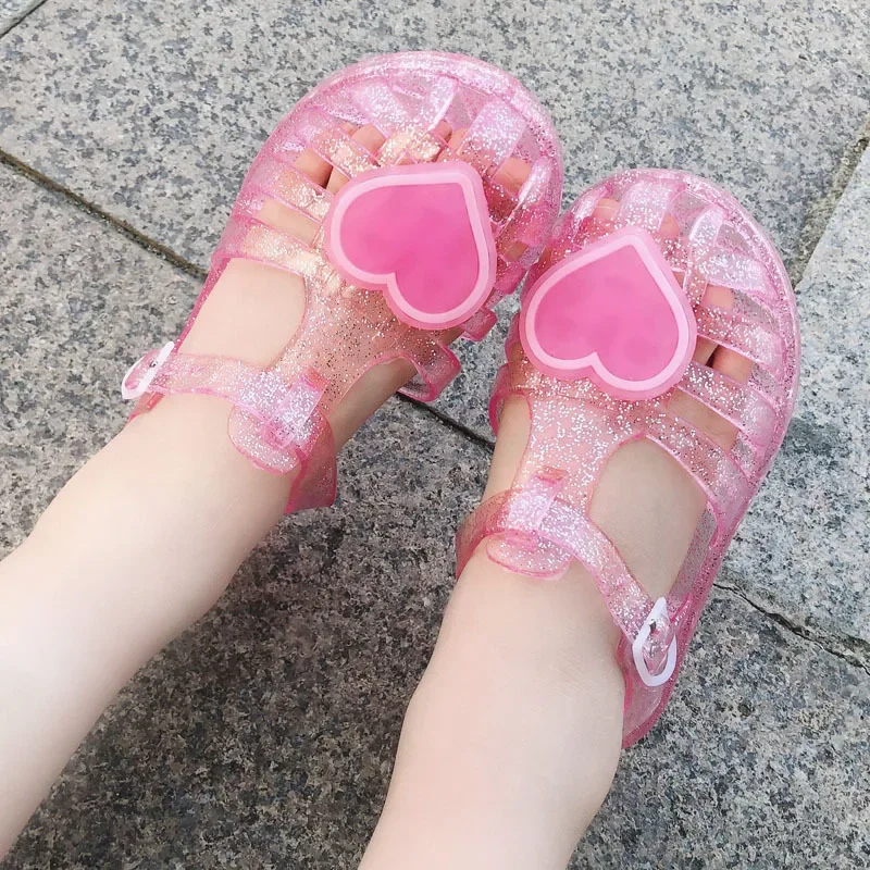 소녀 패션 샌들, 하트 모양 젤리, 귀여운 캐주얼 신발, 미끄럼 방지 비치 신발..