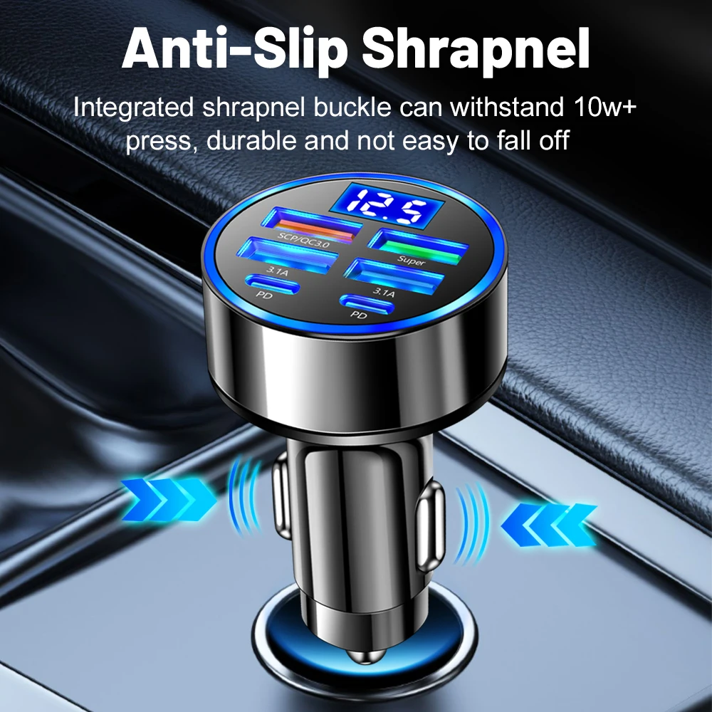 Car Phone Charger 100W 6 Ports Car Charger Fast Charging PD QC3.0 USB C Adapter For iPhone Samsung Xiaomi Huawei