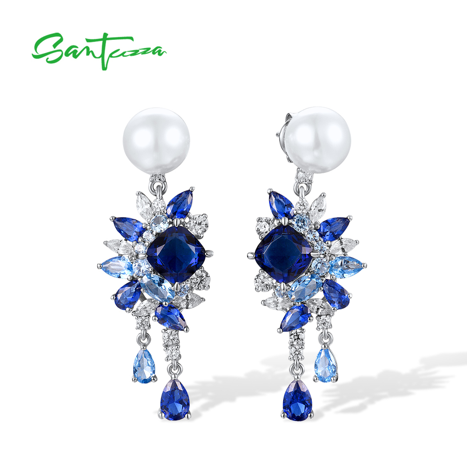 SANTUZZA Authentic 925 Sterling Silver Drop Earrings For Women Sparkling  Blue Spinel Cluster Gorgeous Party Gifts Fine Jewelry