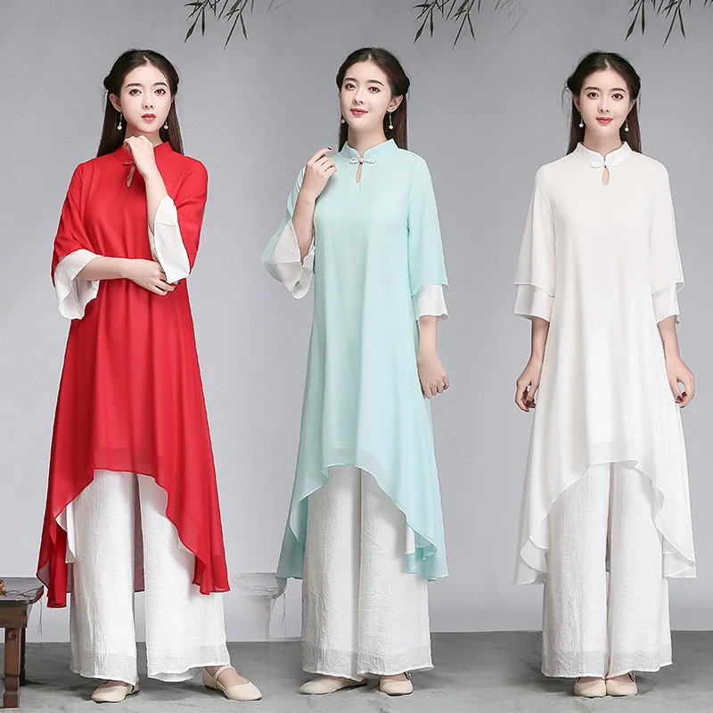 Chinese Style Women's Chiffon Set Tea Clothes Zen Dance Clothes Retro Style Hanfu Two-piece Set Chinese for Women