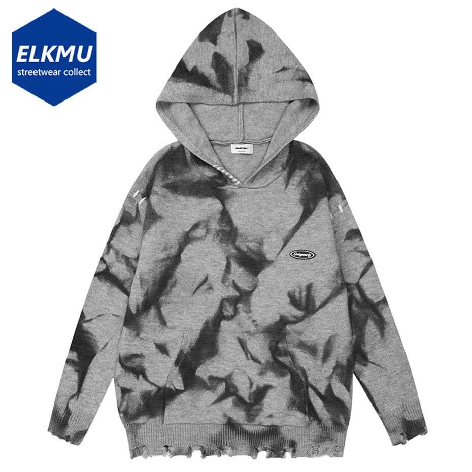 

Hip Hop Men Sweater Y2K Hooded Knitted Pullover Tie Dye Vintage Grunge Oversized Knit Sweater Fall Winter Loose Sweaters Unisex