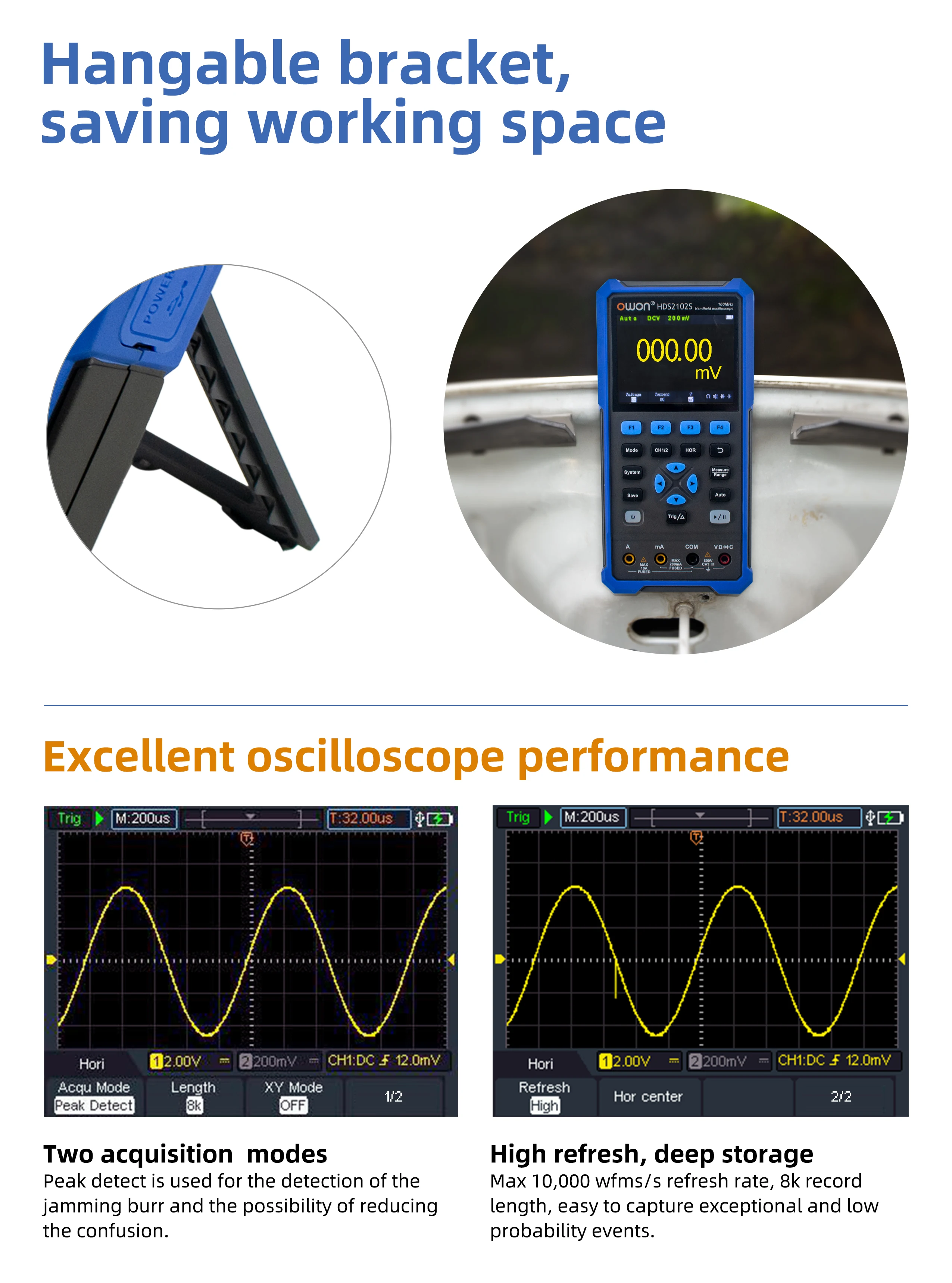 HDS242S HDS272S HDS2102S HDS2202S Handheld Digital Oscilloscope 200MHz 1GSa/s 2C
