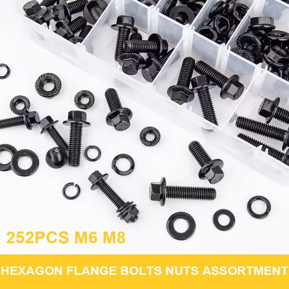 Outer Hexagon Flange Bolt Nut Screw Spring Gasket Combination Set Black Carbon Steel Screw Box Hardware 252pcs