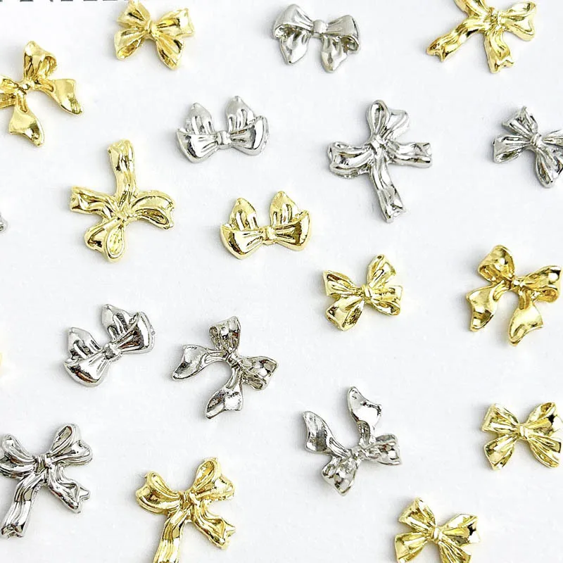 20pcs 금속 합금 네일 매력 플랫 백 골드 실버 Bowknot 네일 아트 장식 DIY 아크릴 네일 용품 액세서리