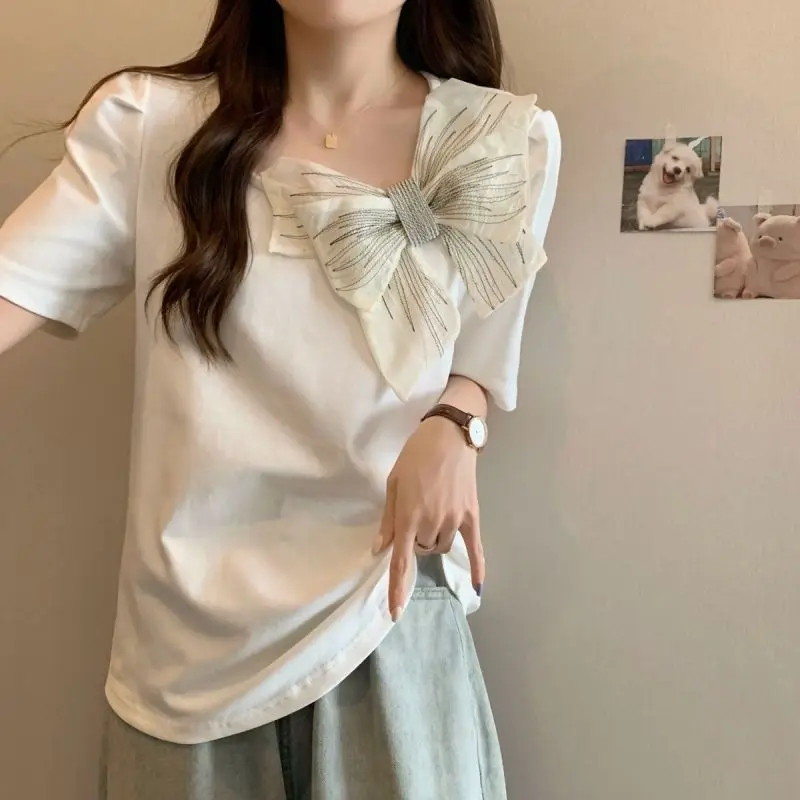 

2024 New Summer Office Lady Loose Casual Sweat Retro Korean Style T-shirts for Women Solid Color Bow Short Sleeve Chic Y2K Tops