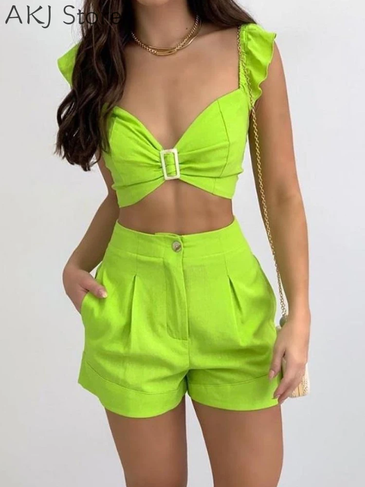 

Women Summer Ruffle Hem Crop Top and High Waist Shorts Set