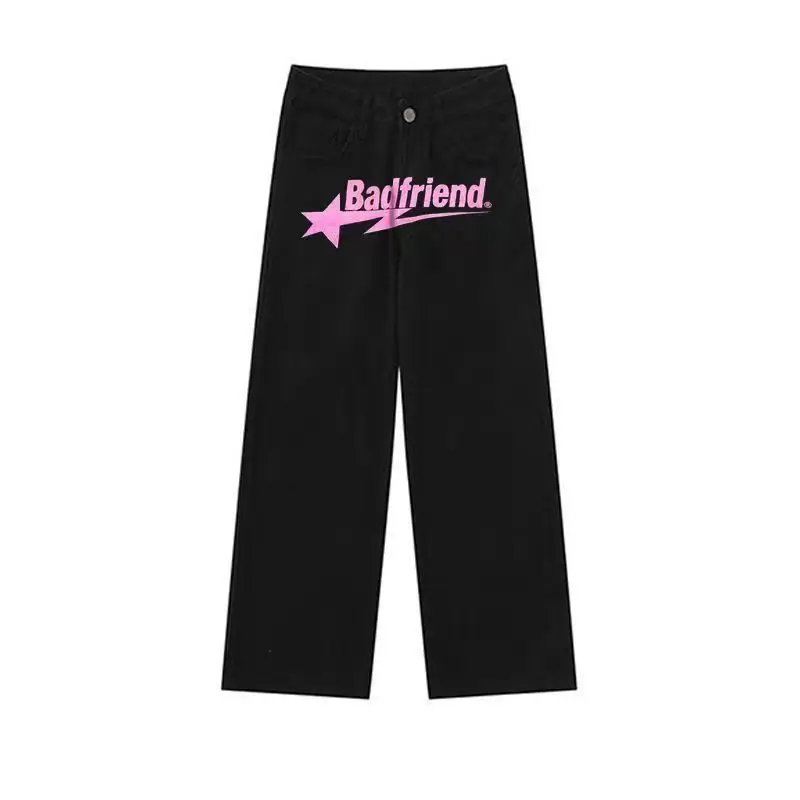 

American Fashion Brand Printed Jeans Men Woman Hip-hop Loose Fashion Men's High Street Joker Wide Leg Straight Long Pants
