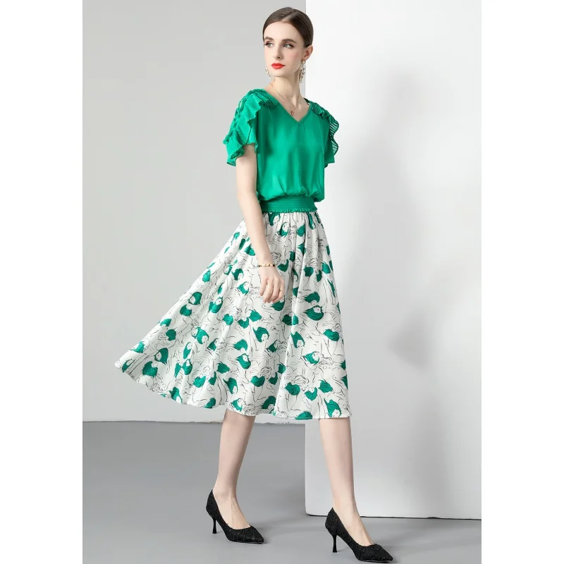 

2023 New Fashion Silk Set Dress Women's Summer Versatile Loose Fit V-neck Short Sleeve Casual Vacation Party Vestidos