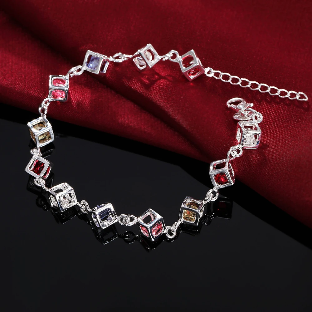 

Fashion Cube Chain Bracelet For Women 925 Sterling Silver Zircon Lucky Charm Bracelet Vintage Crystal Party Jewelry Christmas