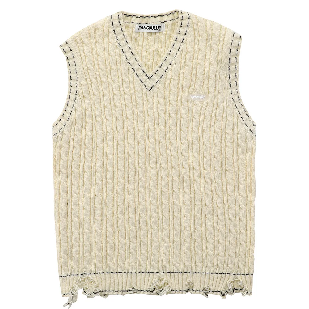 

HOUZHOU Punk Vintage Sweater Vest Men's Knitted Sleeveless Male Sweaters Distressed Patchwork Retro V-neck Pullover Streetwear